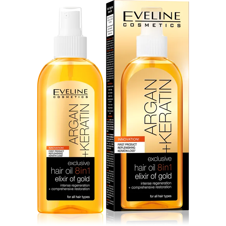Eveline Cosmetics Argan+ Keratin Hair Oil 8in1 Elixir Ofgold (150mL)