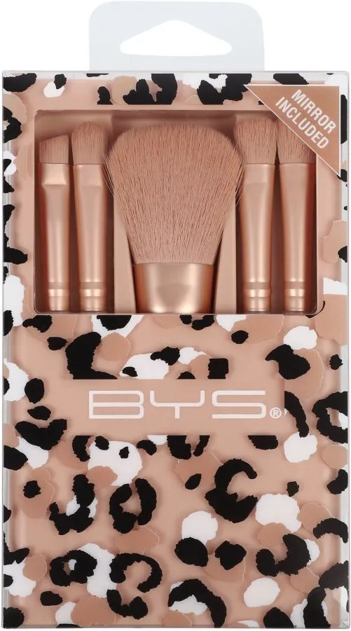 BYS Makeup Brush Kit with Mirror (5pcs) Leopard