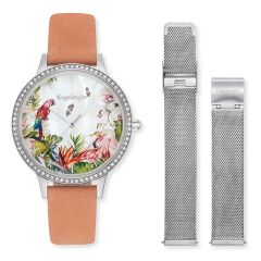 Engelsrufer Set Watch Paradise Silver With Zirconia Coral Nubuck Leather And Interchangeable Strap Mesh Silver